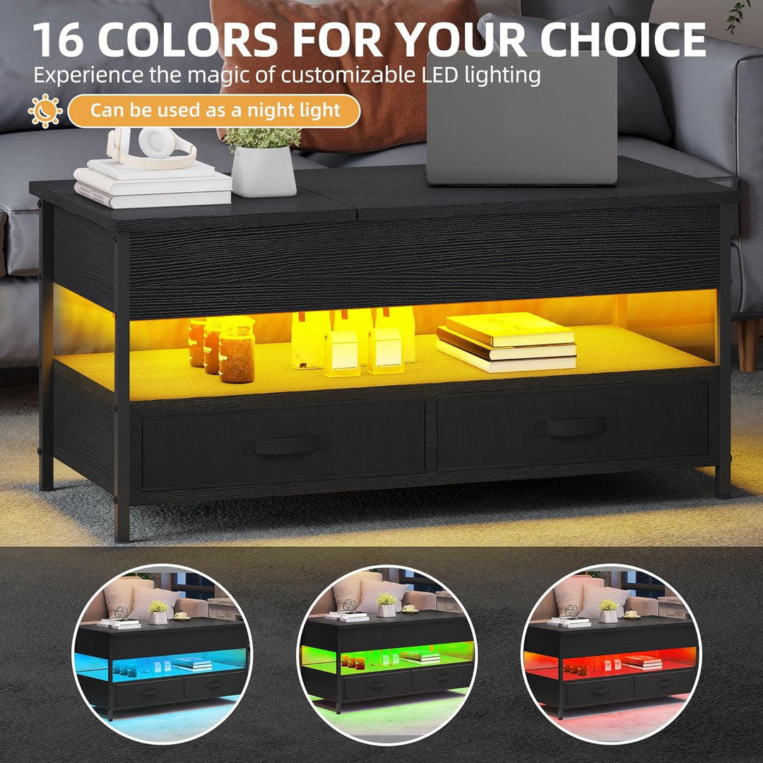 DWVO Couchtisch Höhenverstellbar mit 2 Schublade und Offener Lagerraum, LED Couchtisch mit Versteckt
