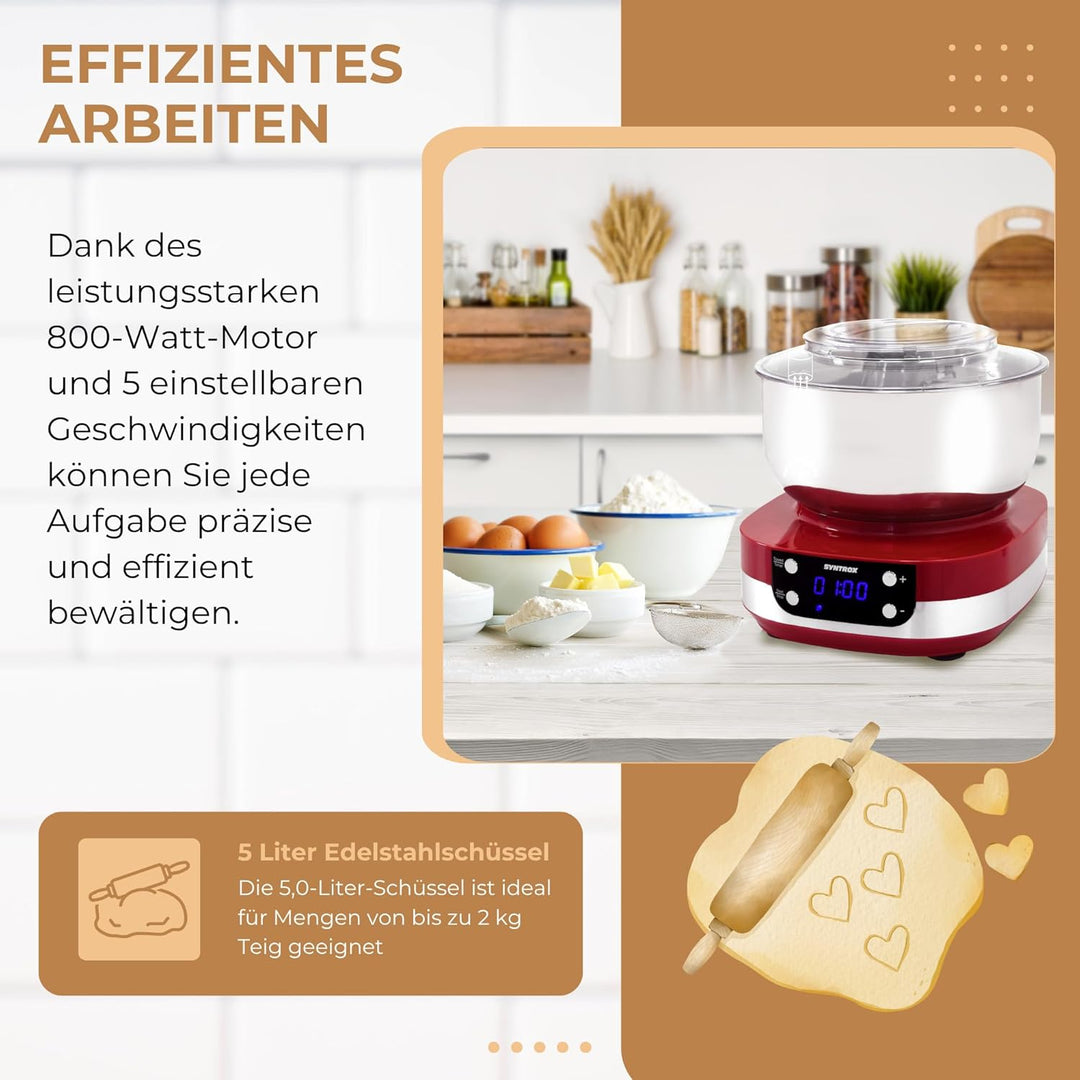 Syntrox Küchenmaschine & Knetmaschine Zaurak 5 Liter, Multifunktionale Aufsätze, Küchenmaschine mit