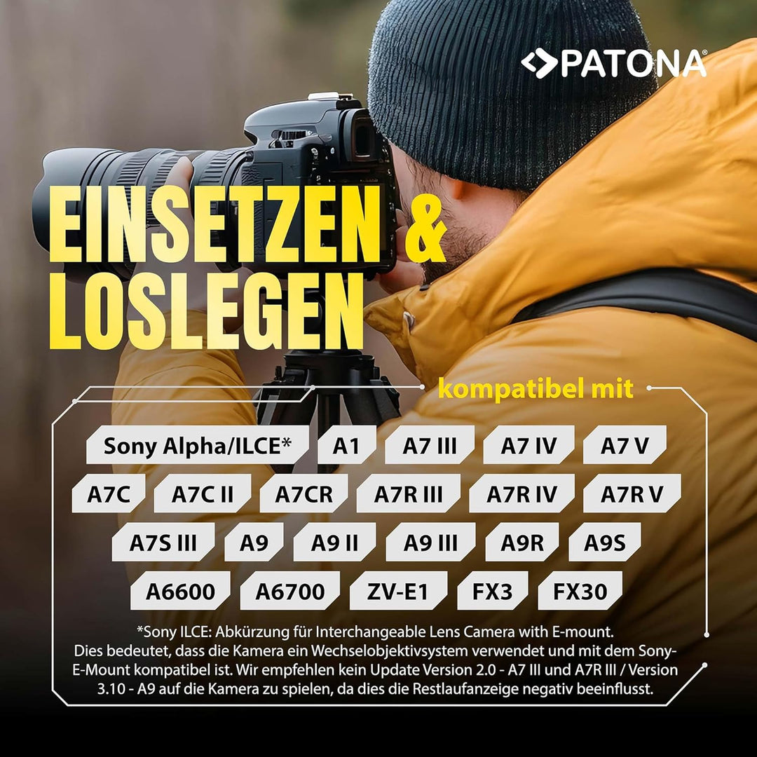 PATONA 2X Akku NP-FZ100 Kompatibel mit Sony BC-QZ1, Alpha 9, Alpha 7RM3, 7M3, A7 R III