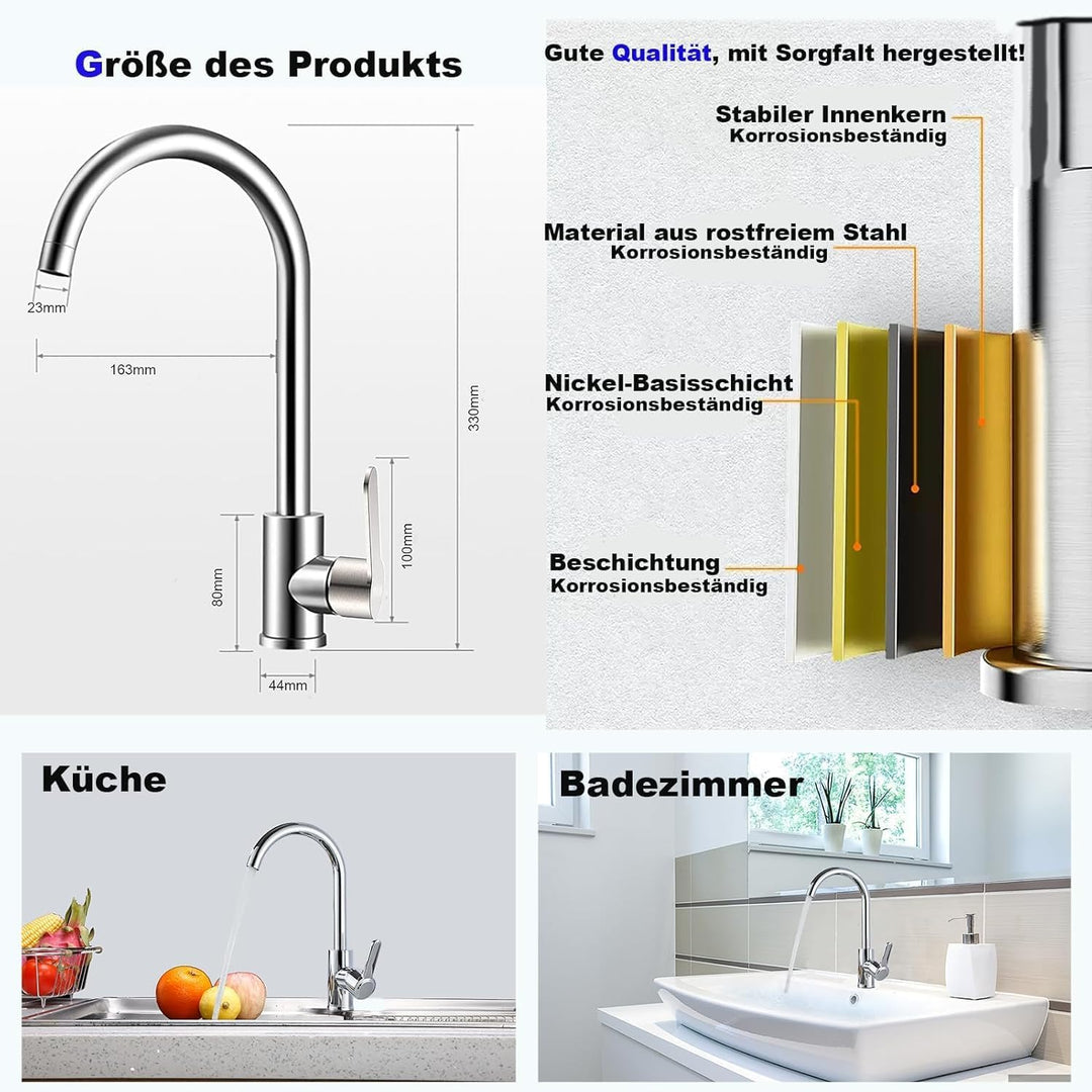 360° schwenkbarer Kalt- und Warmwasserhahn aus rostfreiem Stahl, Mischbatterie für die Küchenspüle,