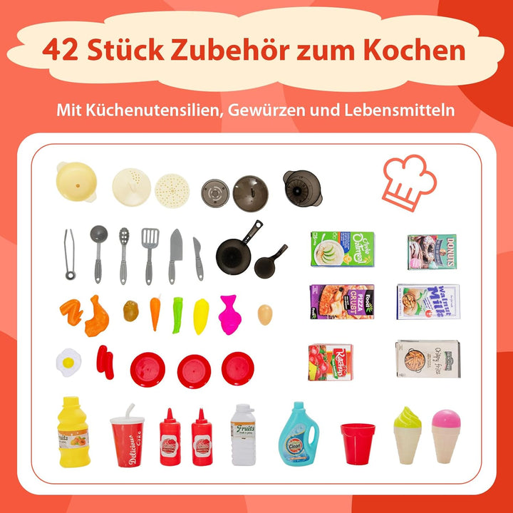 DREAMADE Kinderküche mit 42 TLG. Zubehör, Kinderspielküche mit Licht und Sound, Dampf, Wasser, Spüle