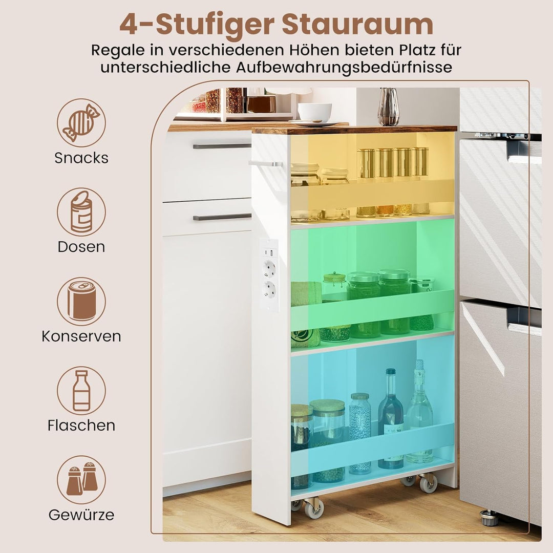 COSTWAY Nischenwagen 13cm breit, 4 Etagen Küchenwagen schmal mit Ladestation, Nischenregal auf Rolle