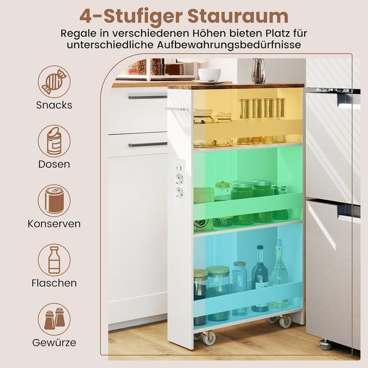 COSTWAY Nischenwagen 13cm breit, 4 Etagen Küchenwagen schmal mit Ladestation, Nischenregal auf Rolle