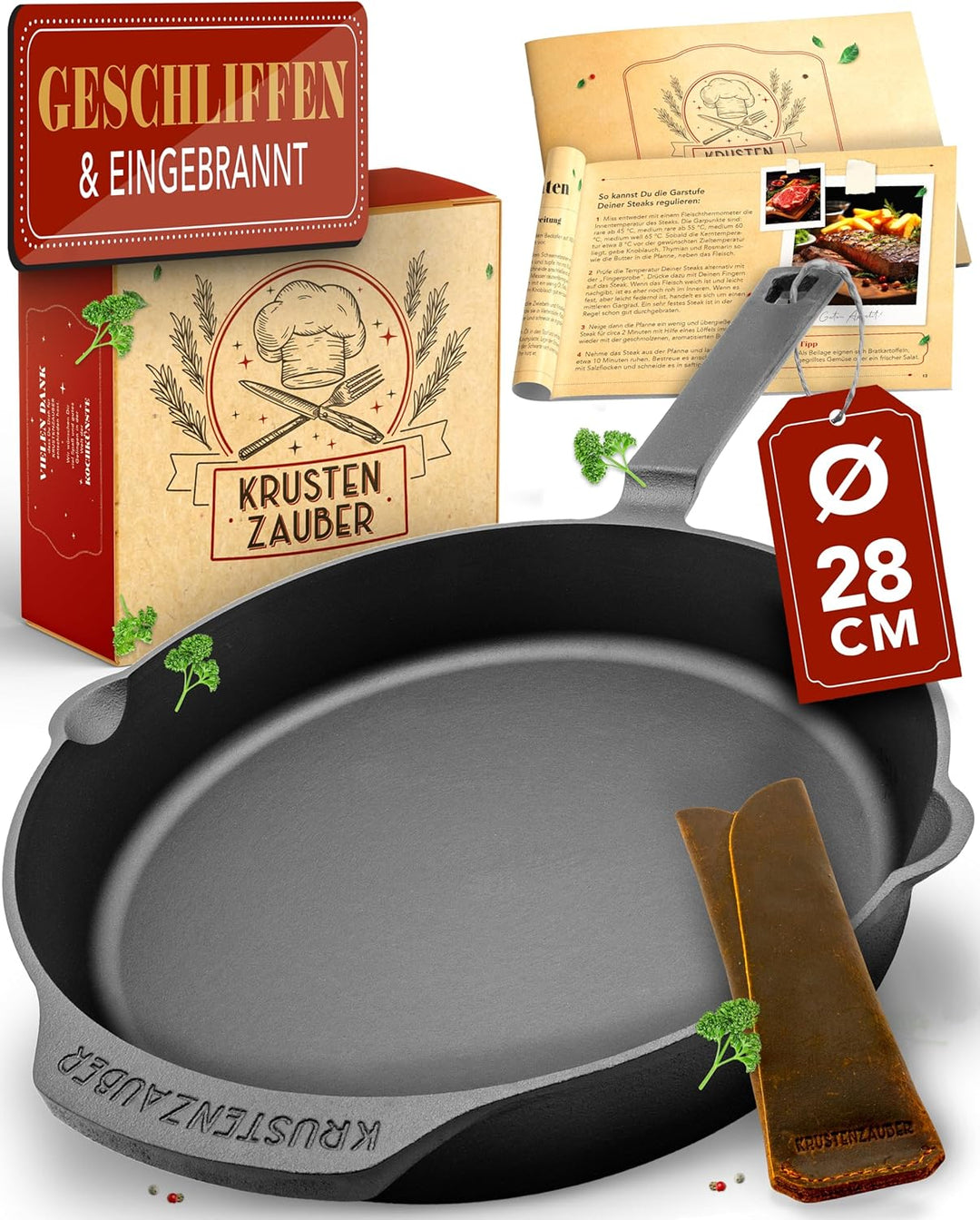 KRUSTENZAUBER Gusseisenpfanne Induktion 28cm inkl. Anleitung und Rezeptbuch - Geschliffene Pfanne Gu
