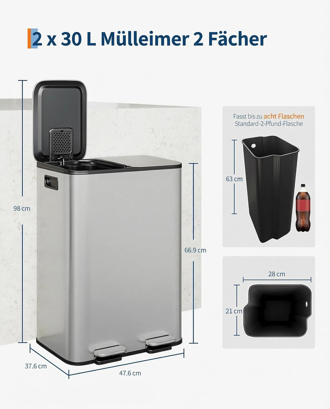GarveeHome Mülleimer Küche, 2 x 30 L, Mülltrennsystem 2 Fächer, Edelstahl-Tretmülleimer mit Seitlich