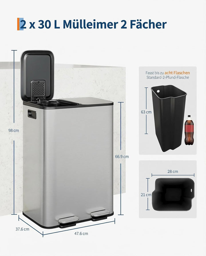 GarveeHome Mülleimer Küche, 2 x 30 L, Mülltrennsystem 2 Fächer, Edelstahl-Tretmülleimer mit Seitlich