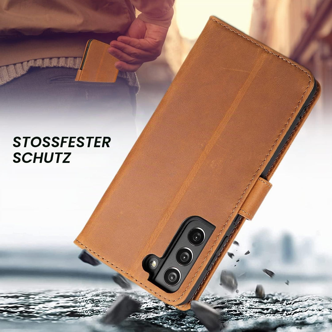 LENSUN Echtleder Hülle für Samsung Galaxy S21 FE 5G, Handyhülle Echt Leder [Kartenfach] [RFID Schutz