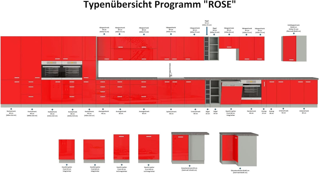 Kuechen-preisbombe Frontblende Geschirrspüler integriert 60 cm Rot Hochglanz Küche Rose Bianca