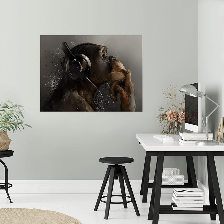 wandmotiv24 Poster als Wanddeko, Grösse 80x60cm, AFFE mit Kopfhörer, Headset, Musik, Tiere, Affen, M