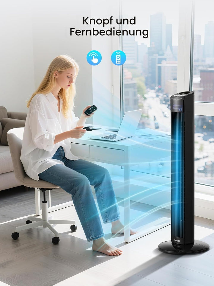 FOHERE Leiser Turmventilator, 91CM Oszillierender Stand Ventilator mit Kühlung Fernbedienung, 12-Stu