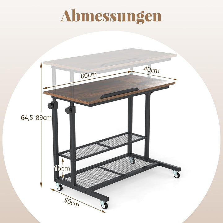 COSTWAY Betttisch auf Rollen höhenverstellbar, Pflegetisch mit neigbarer Tischplatte, Ablage & Kante