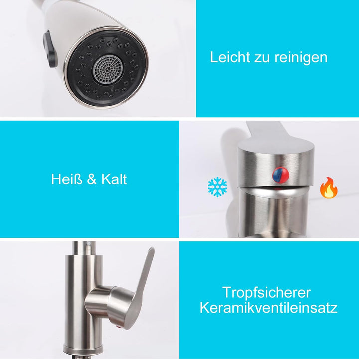 Wasserhahn Küche, Hochdruck Küchenarmatur mit Herausziehbarer Brause, Armatur Wasserhahn Spüle Küche
