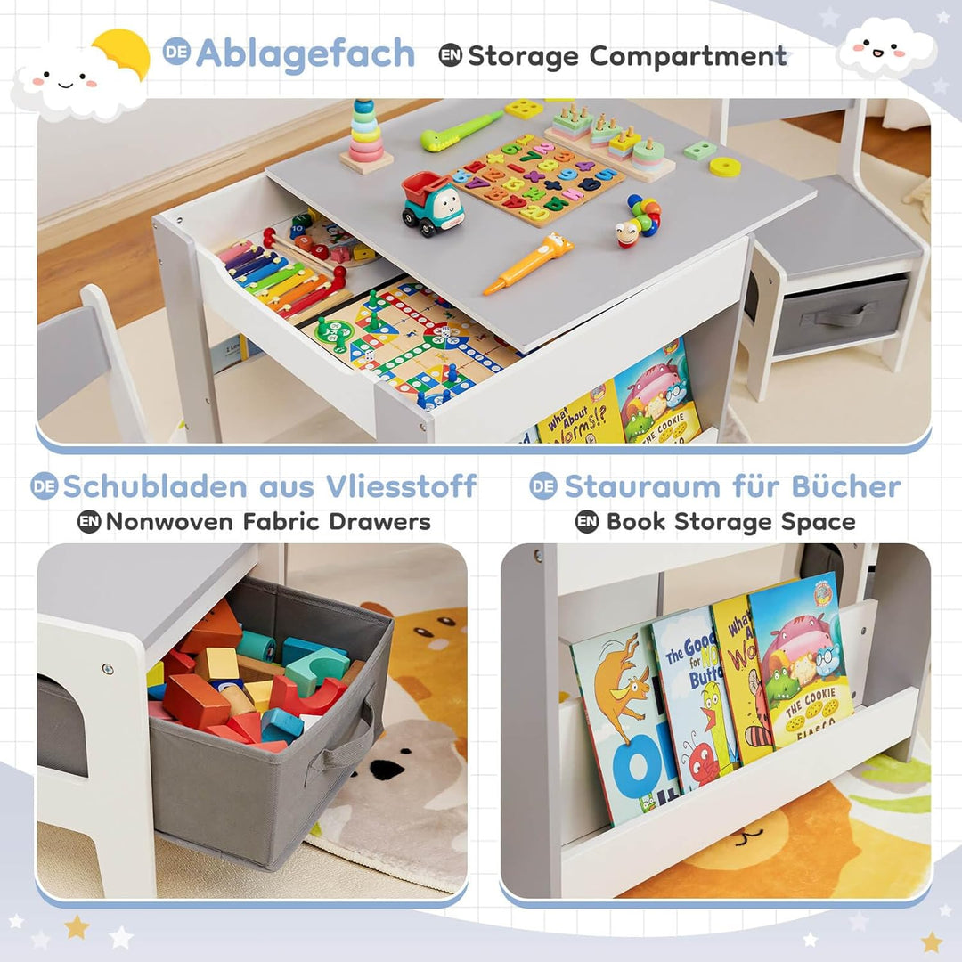 Yorbay Kindertisch mit 2 Stühle, Kindermöbel Set aus Holz mit Stauraum und Bücherregalen, 3 in 1 Mal