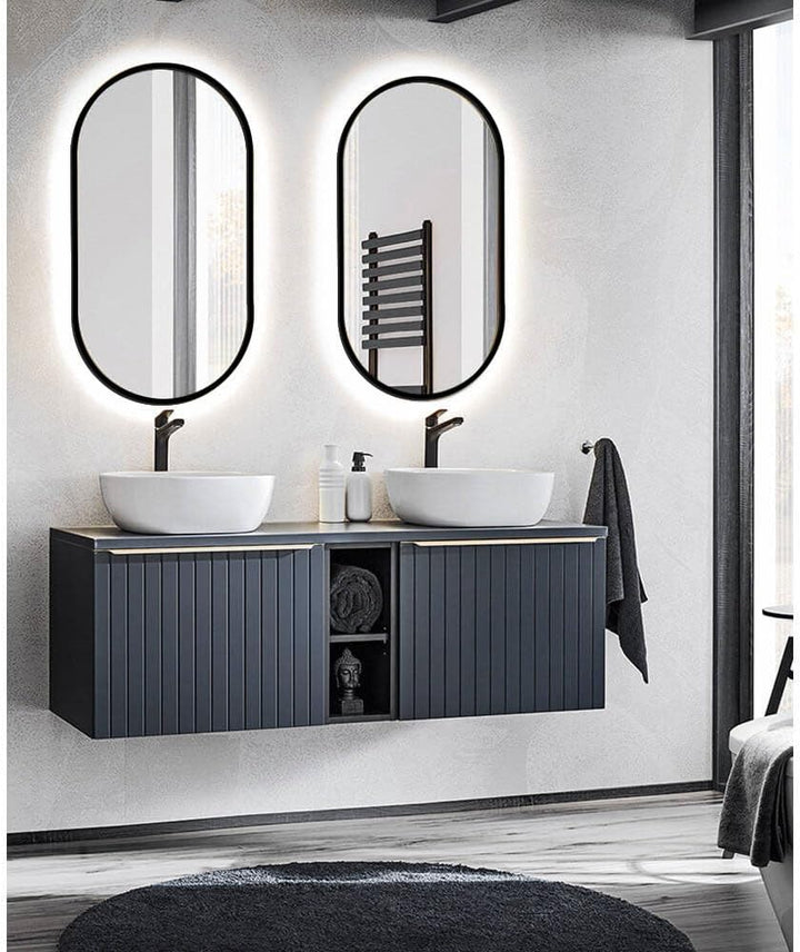 Badezimmer LED Spiegel, oval, in schwarz, B/H/T ca. 50/90/3,5 cm