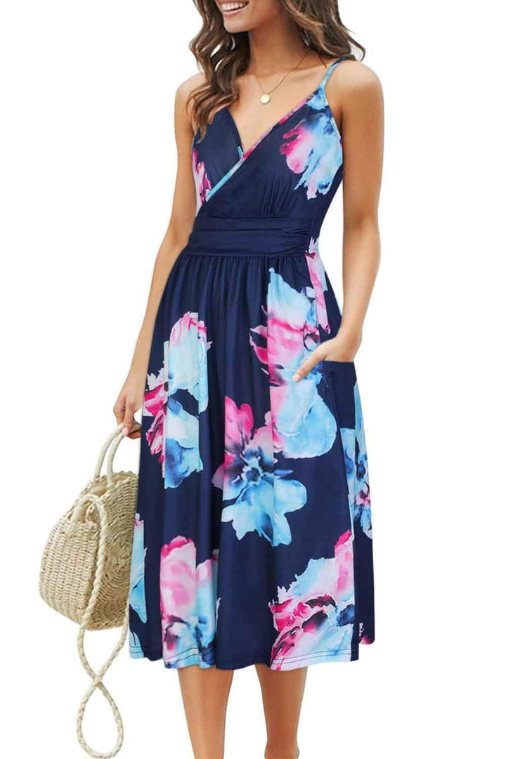 OUGES Kleid Damen Spaghettiträger Sommer Kleider Knielang V-Ausschnitt Strandkleid mit Taschen S Flo