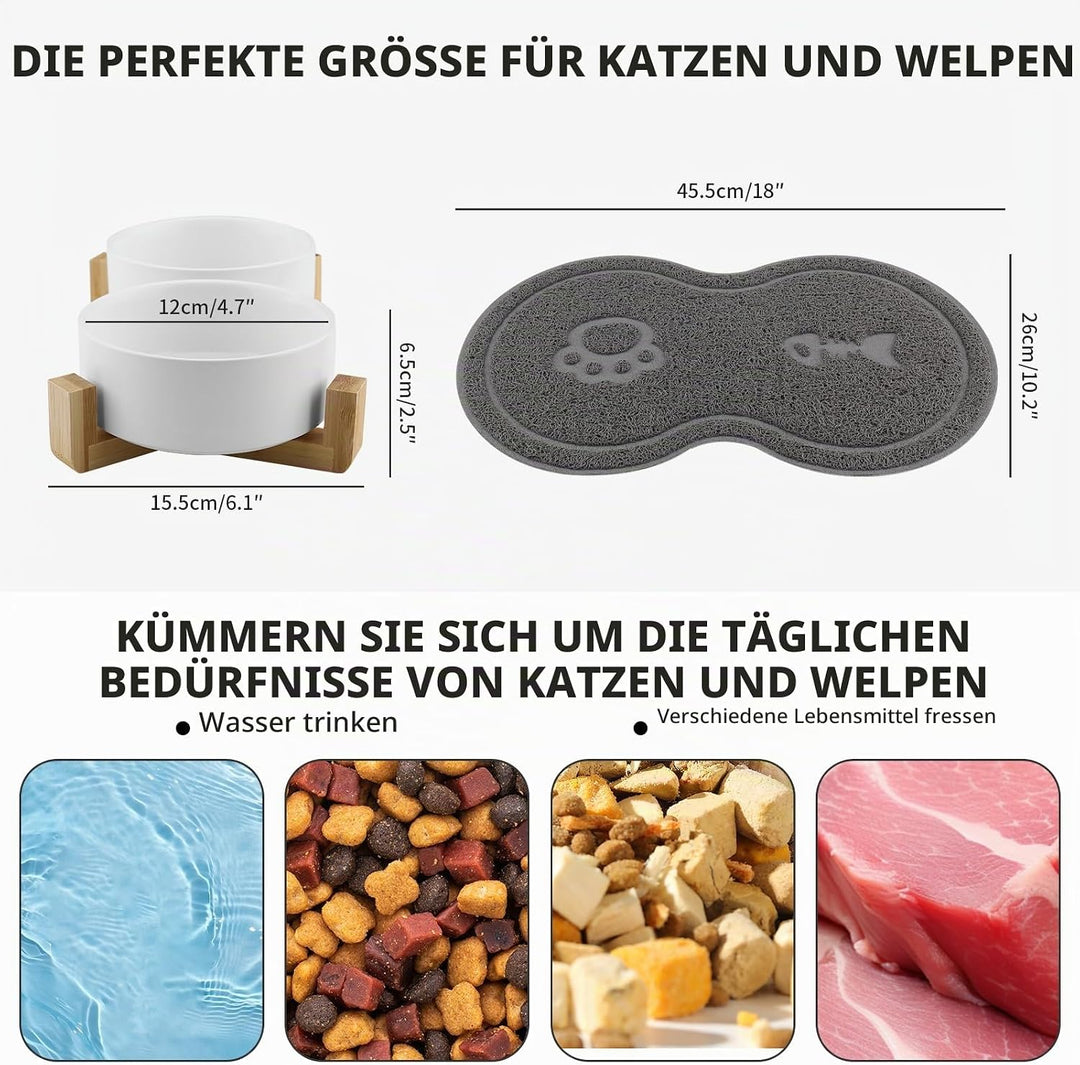 Katzennapf, 2 Stück Keramik Futternapf Katze Set, 3-in-1 rutschfeste Katzennäpfe mit Holzstände und
