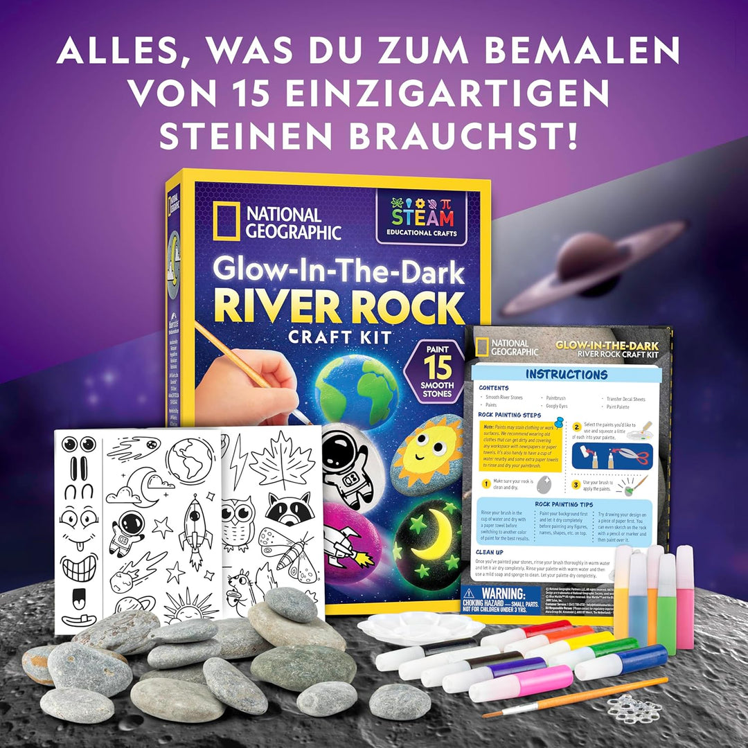 NATIONAL GEOGRAPHIC Im Dunkeln leuchten Steine Bemalen Set - Bastelset für Kinder, Dekoriere 15 Flus