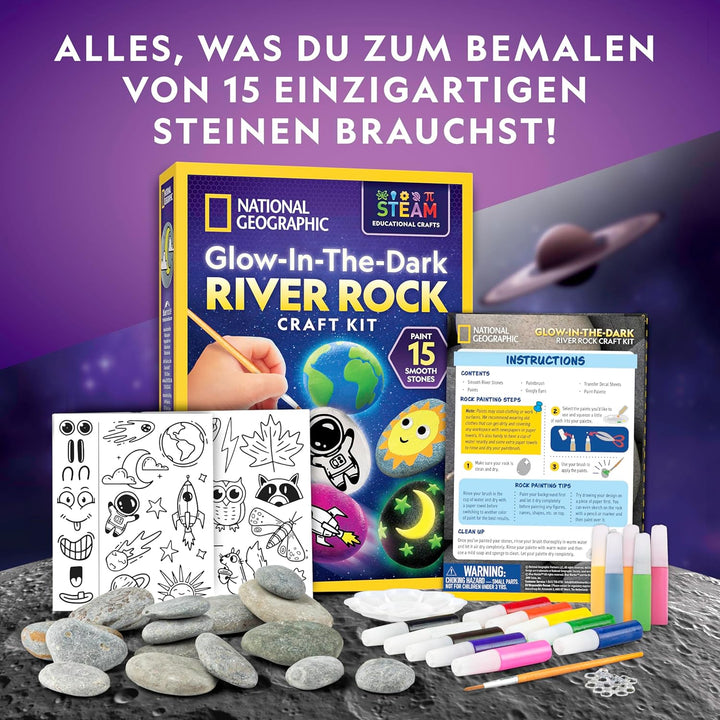 NATIONAL GEOGRAPHIC Im Dunkeln leuchten Steine Bemalen Set - Bastelset für Kinder, Dekoriere 15 Flus