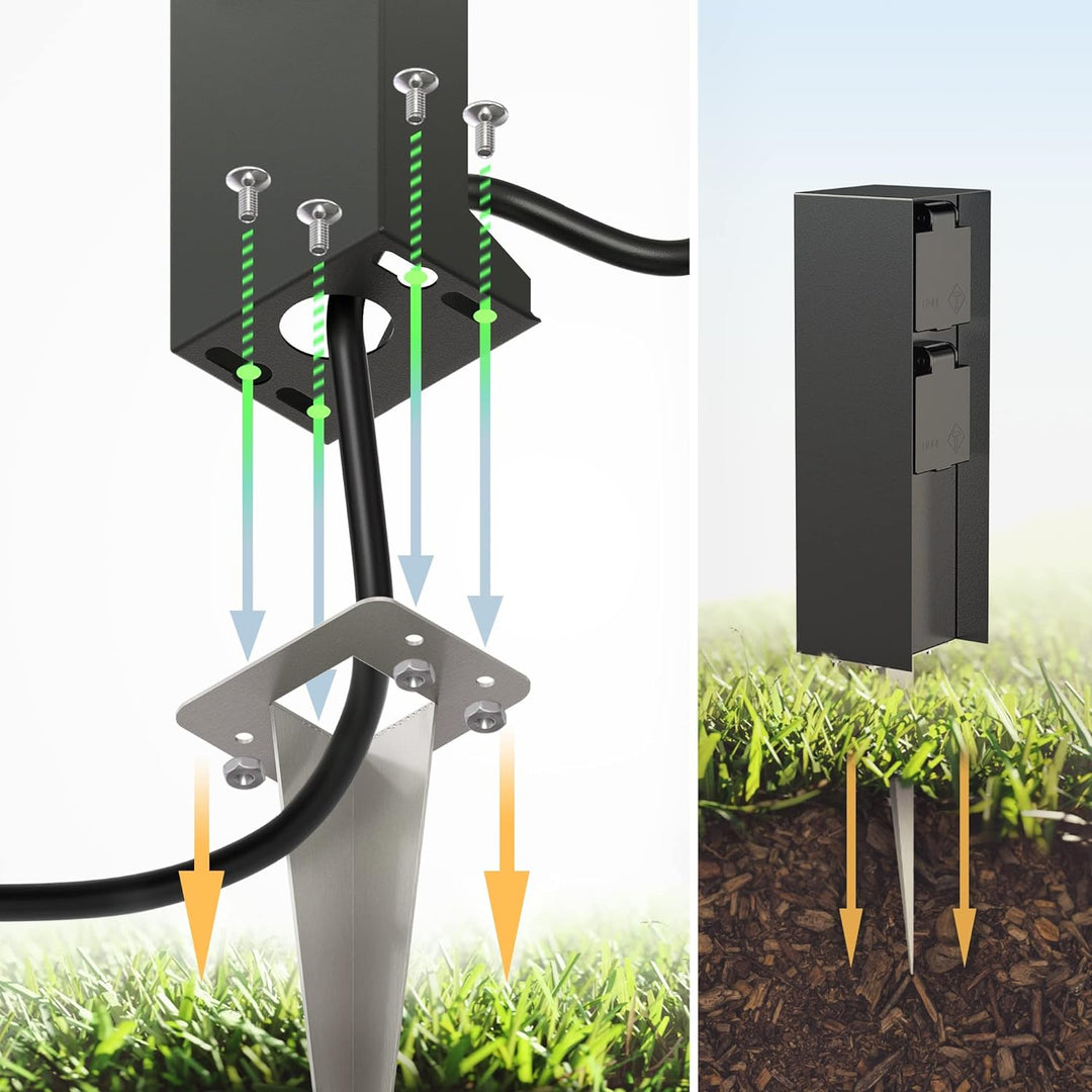 ledscom.de Garten-Steckdosen-Säule POMI mit Erdspiess für aussen, IP44, 2-Fach, schwarz, eckig, 23cm