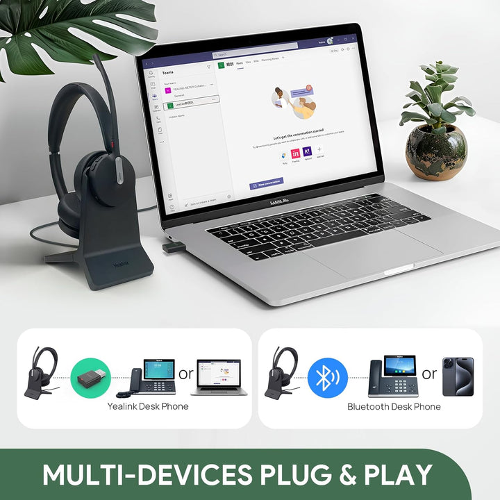 Yealink WH64 Hybrid DECT & Bluetooth Wireless Headset mit 3 Mikrofonen für die Arbeit mit Ladestände