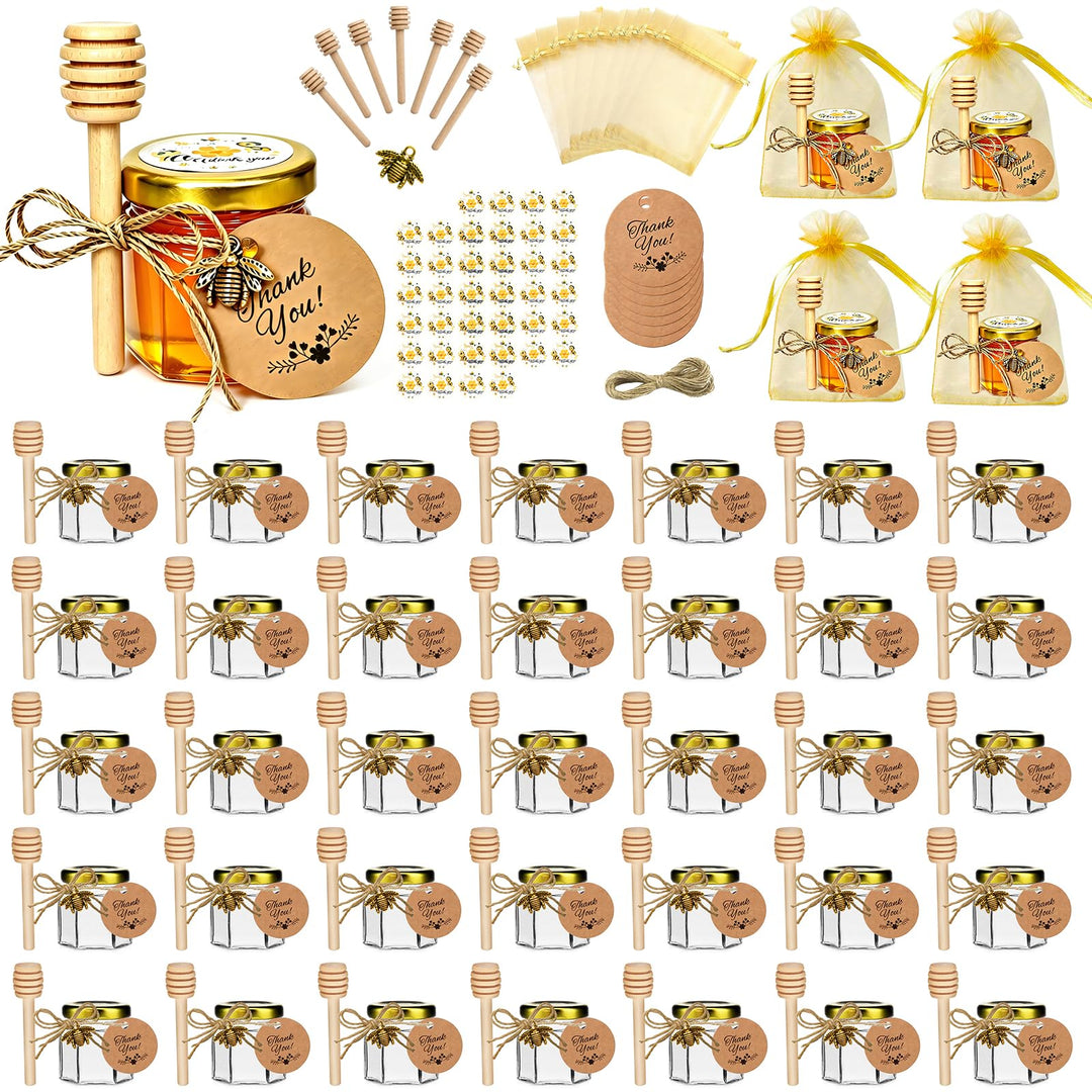 40 Pack 1,5 oz Hexagon Mini Glas Honig Gläser mit hölzernen Dippers, Bienen Anhänger, goldene Gesche