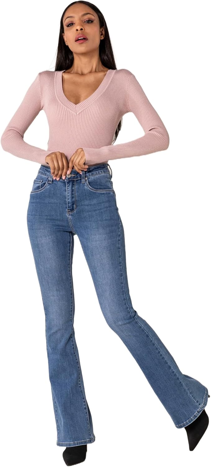 Nina Carter P212 Damen Tall Bootcut Jeans High Waist Schlaghosen Stretchjeans Jeanshosen Used-Look L