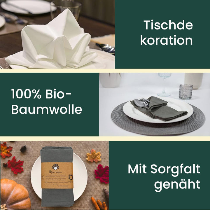 12er Set Stoffservietten Dunkelgrau – 100% Bio-Baumwolle GOTS – Waschbare Servietten Stoff 45x45 cm