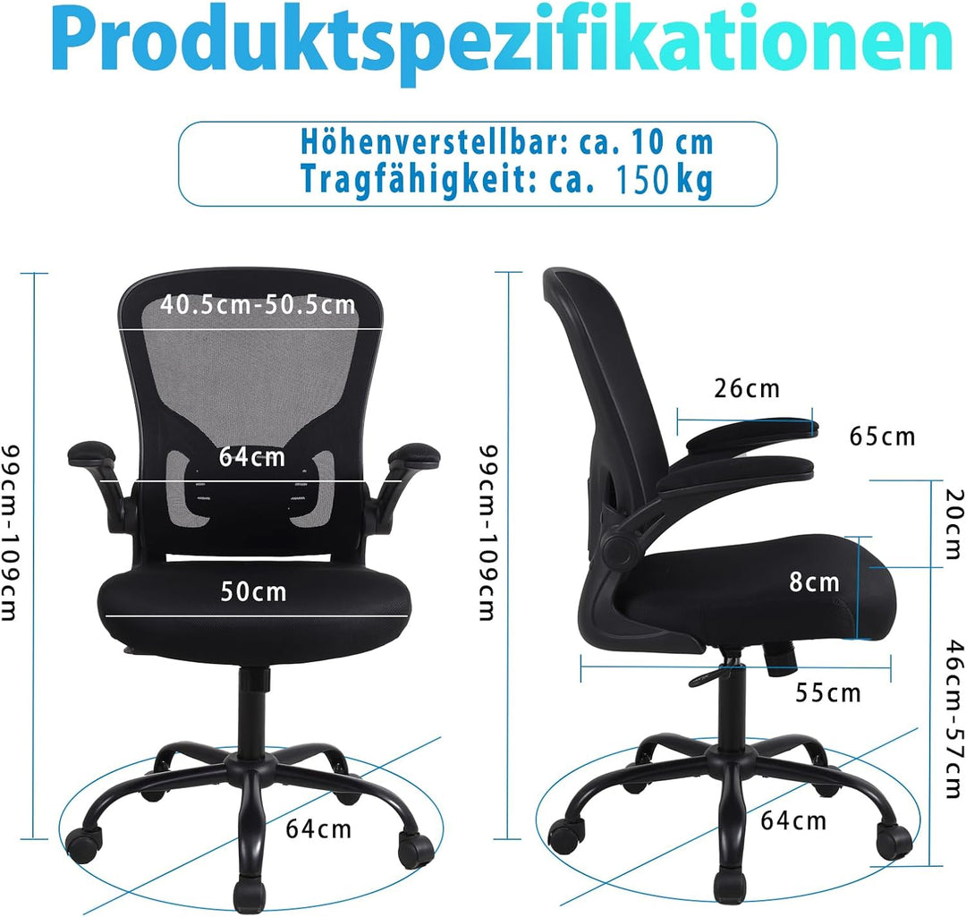 Youhauchair Bürostuhl, Bürostuhl Ergonomisch mit Hochklappbaren Armlehnen, Schreibtischstuhl mit Len