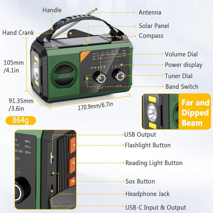 27000mAh Notfallradio mit Kurbel,Solar,Batterie und USB Betriebene,Tragbar AM/FM Wetter Radio mit Bl