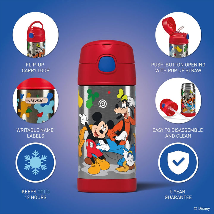 THERMOS kids FUNTAINER STRAW BOTTLE DISNEY 0,35 l, Mickey, Thermoflasche Kinder aus Edelstahl mit Tr