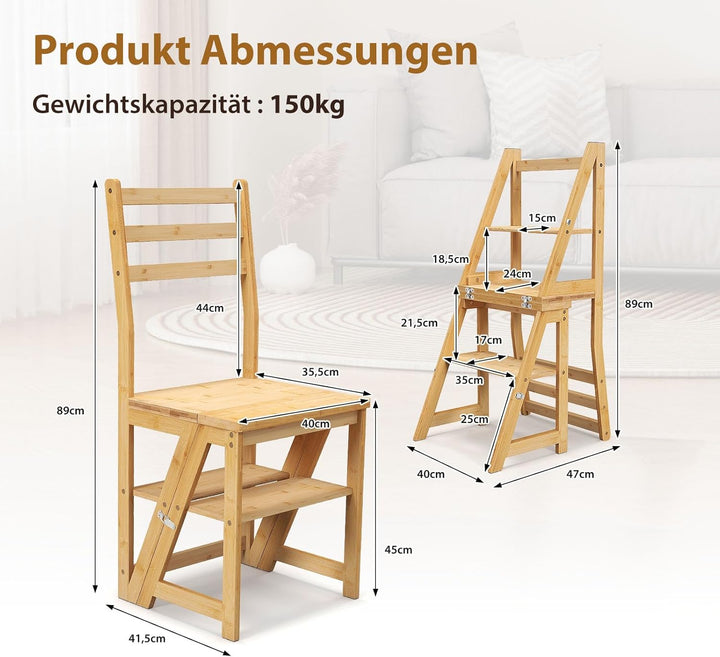 RELAX4LIFE klappbarer Leiterstuhl, Bibliotheksleiter Bambus, 3-stufiger Tritthocker mit Sicherheitss