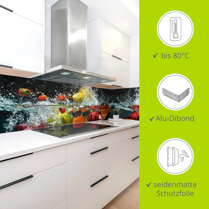 ARTland Spritzschutz Küche aus Alu für Herd Spüle 100x55 cm (BxH) Küchenrückwand mit Motiv Essen Obs