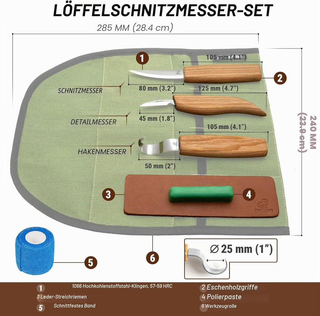 BeaverCraft S13 Holzschnitzerei Werkzeuge Set für Löffelschnitzen 3 Messer in Werkzeugsrolle Abziehr