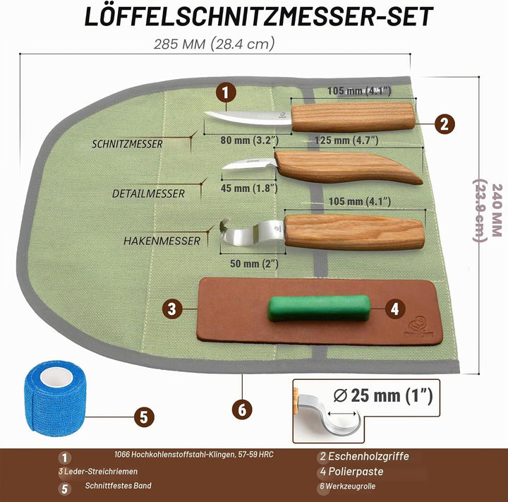 BeaverCraft S13 Holzschnitzerei Werkzeuge Set für Löffelschnitzen 3 Messer in Werkzeugsrolle Abziehr