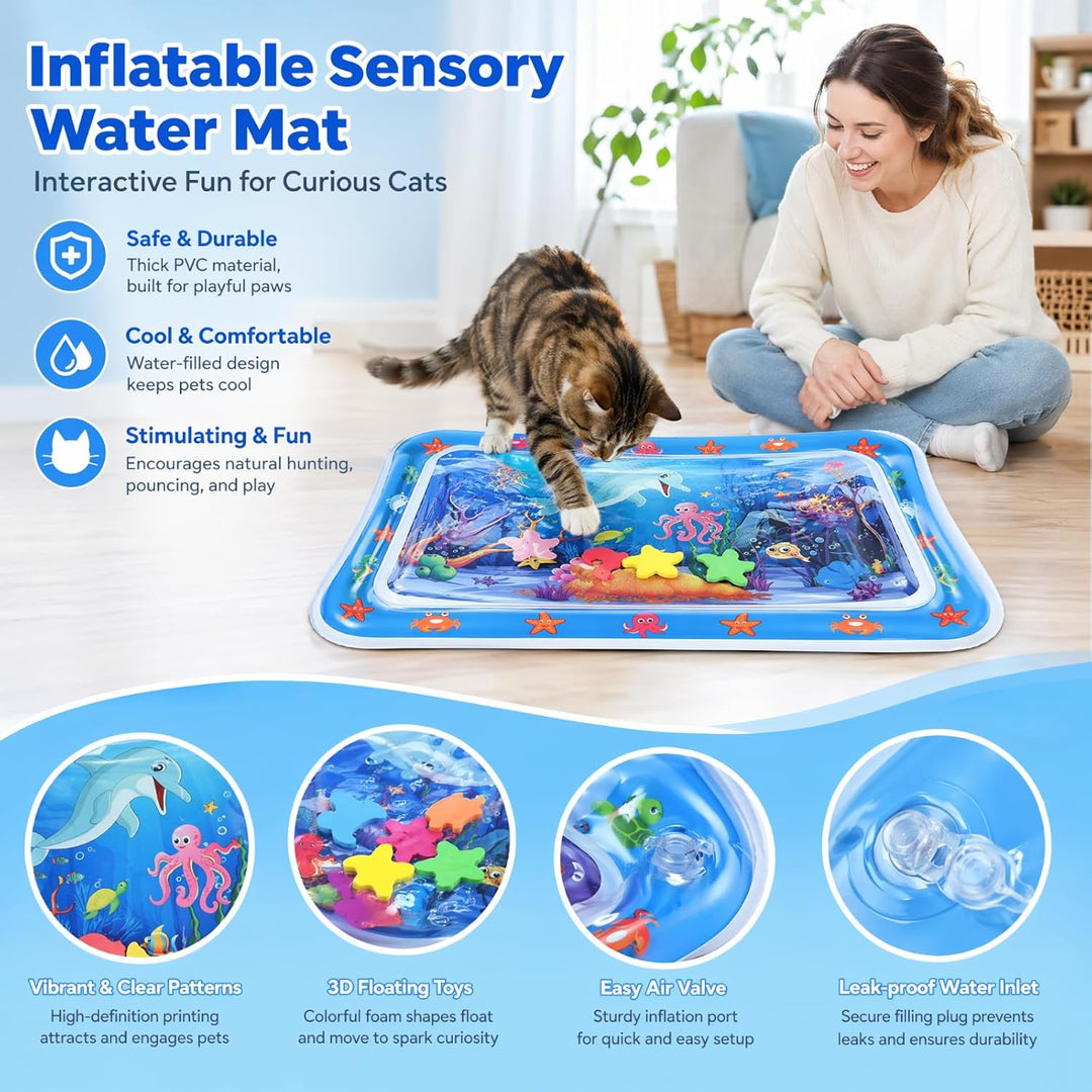 Wasserspielmatte Interaktives Katzenspielzeug, 2 Stück Kühlmatte Katze mit Fischen, Verdickte PVC Wa