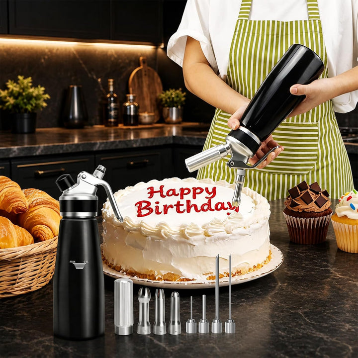 Sahnespender,Sahnesyphon Aluminium 500ml für Schlagsahne,Cremes,Desserts und Sossen mit 3 Edelstahl