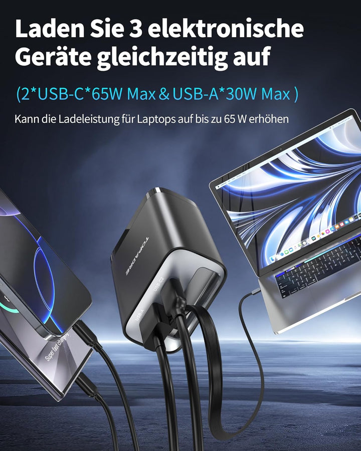 TOPADRE 65W USB C Ladegerät mit 85CM Einziehbares Ladekabel, 3-Port Schnellladegerät USB C Netzteil