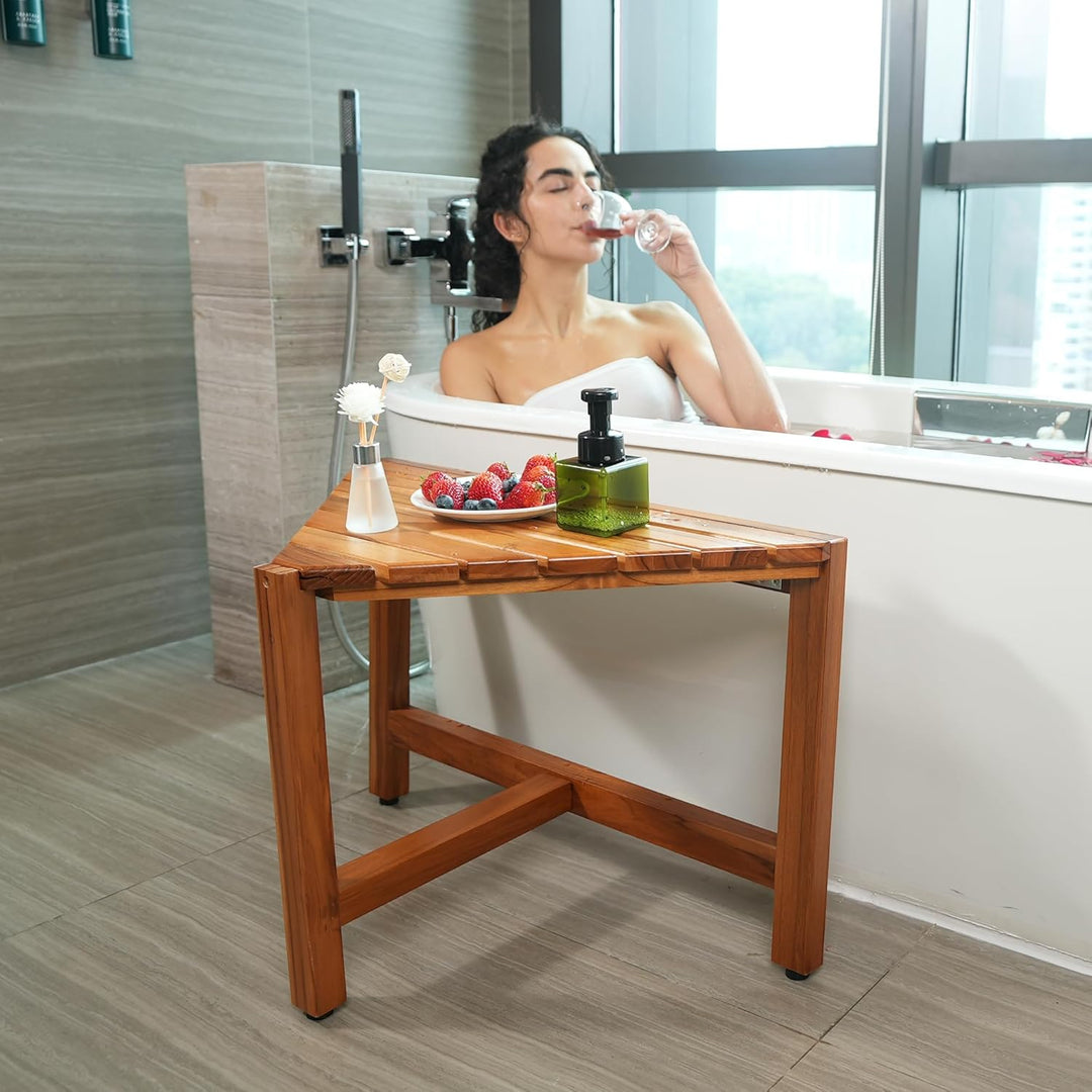 Eck-Duschhocker aus Teakholz,Duschhocker Modern aus Holz, Eck-Duschhocker fürs Badezimmer, Duschhock