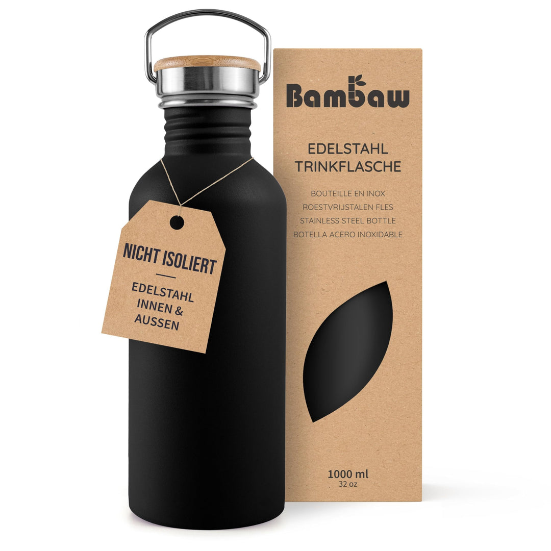 Bambaw Trinkflasche 1l Edelstahl, Nicht-isolierte Schwarze Trinkflasche, Edelstahl Trinkflasche Spor