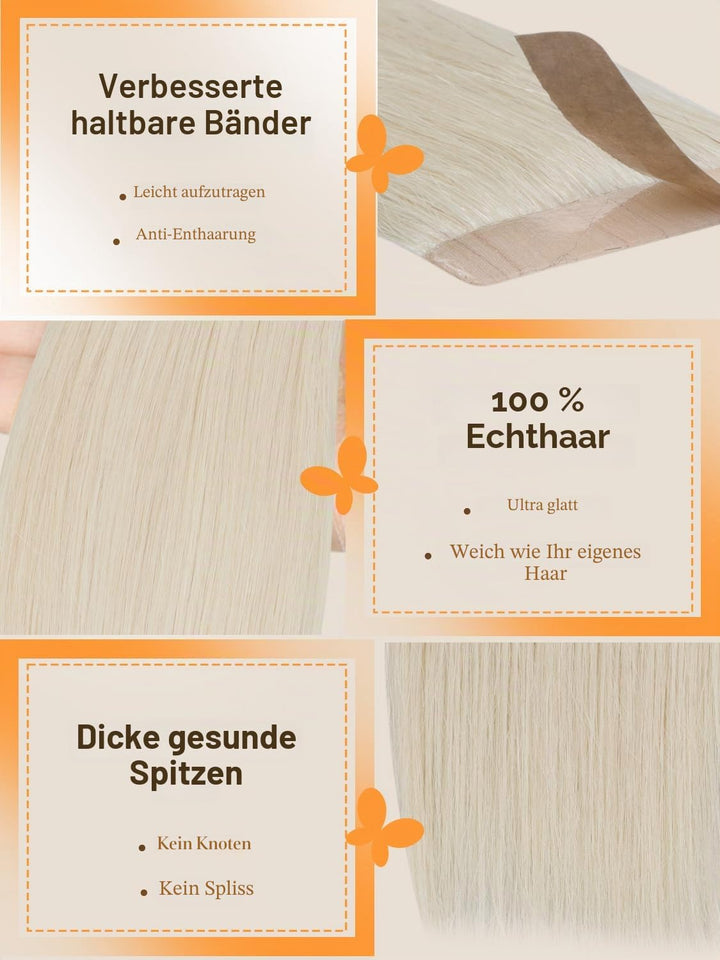 DOORES Echthaar Tape Extensions Remy Haar Tape, Platinblond 35cm (14zoll) 50g 20pcs, Blond Tape Exte
