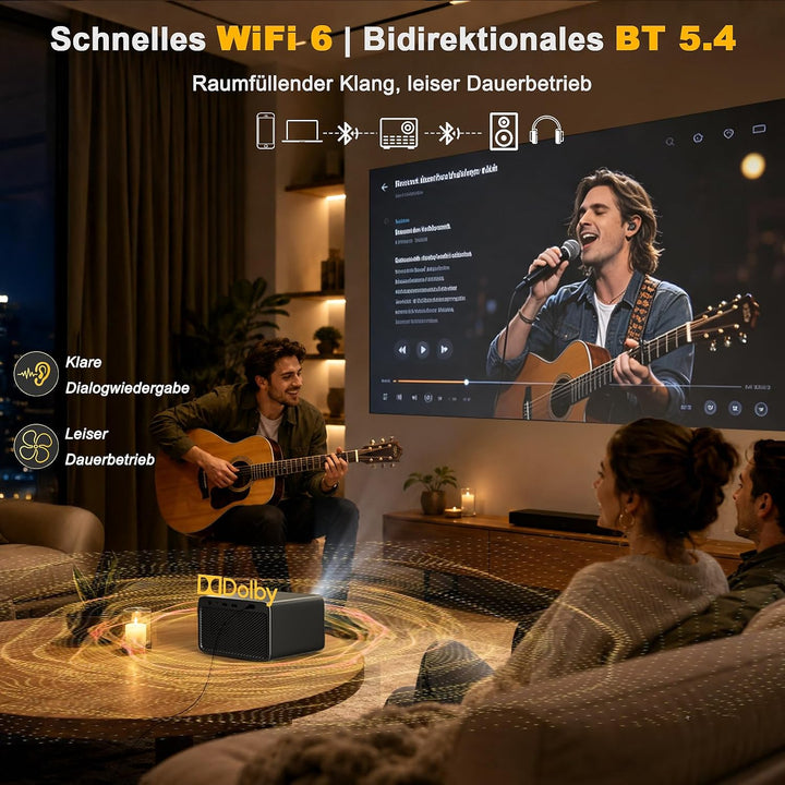 Beamer-4K kompatibel mit Netflix &amp; Dolby Audio, 1080P, Autofokus, HDMI CEC | WiFi 6 &amp; Bluetooth 5.4,