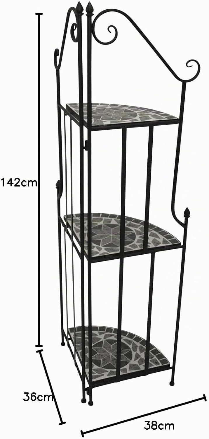 DEGAMO Gartenregal Eckregal Siena 38x36x142cm, Gestell Metall schwarz, Regalböden aus Keramik in Mos