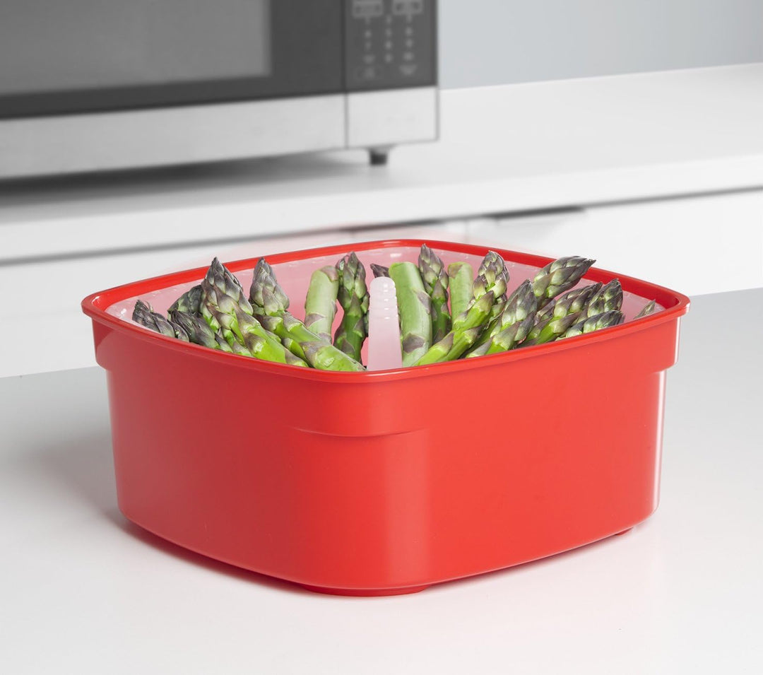 Sistema Microwave Reiskocher, 2,6 l, rot/transparent & Microwave Dampfgarer, mittelgross mit herausn
