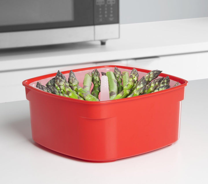 Sistema Microwave Reiskocher, 2,6 l, rot/transparent & Microwave Dampfgarer, mittelgross mit herausn