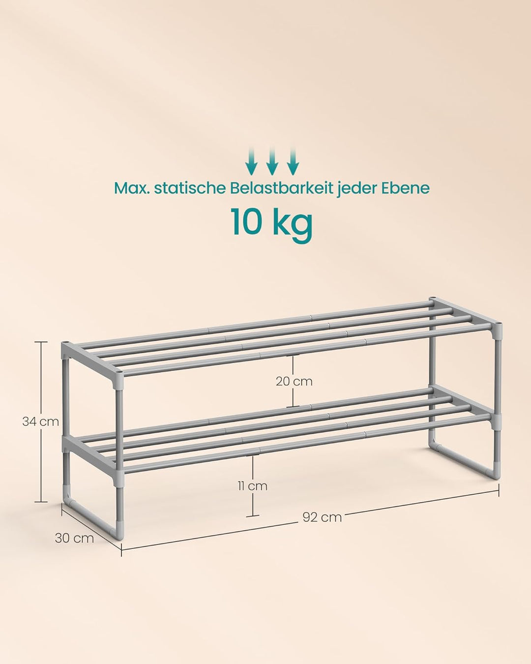 SONGMICS Schuhregal 2 Ebenen, Schuhständer Metall, Schuhaufbewahrung, Schuh-Organizer, aufrecht oder