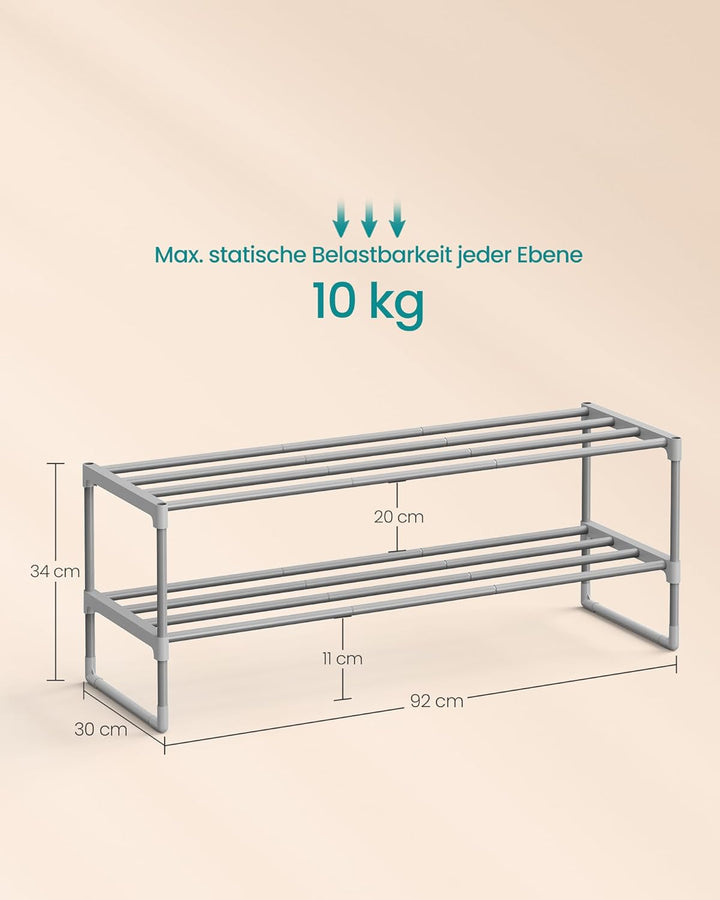 SONGMICS Schuhregal 2 Ebenen, Schuhständer Metall, Schuhaufbewahrung, Schuh-Organizer, aufrecht oder