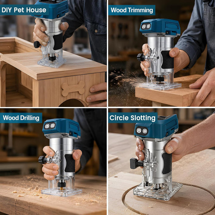 Akku Oberfräse Kompatibel mit Makita 18V Akku, 800W Bürstenloser Trimmer Einhandfräse Kantenfräser,