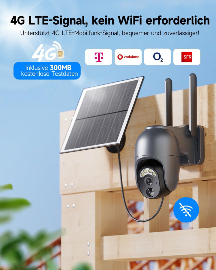 4G LTE Überwachungskamera Aussen Solar mit SIM Karte【2 STK】- 2K HD PTZ Kabellos Kamera Ohne WLAN Out