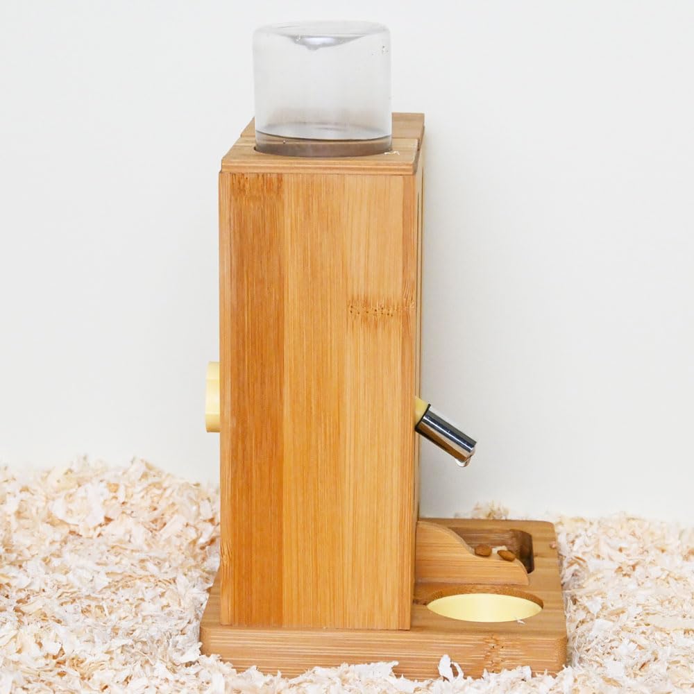 Verstellbare Hamster Futterstation aus Bambus, 2-in-1 Futternapfhalter mit Wasserflaschenständer, fü