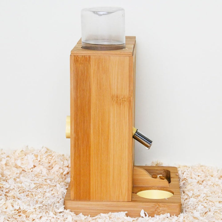 Verstellbare Hamster Futterstation aus Bambus, 2-in-1 Futternapfhalter mit Wasserflaschenständer, fü